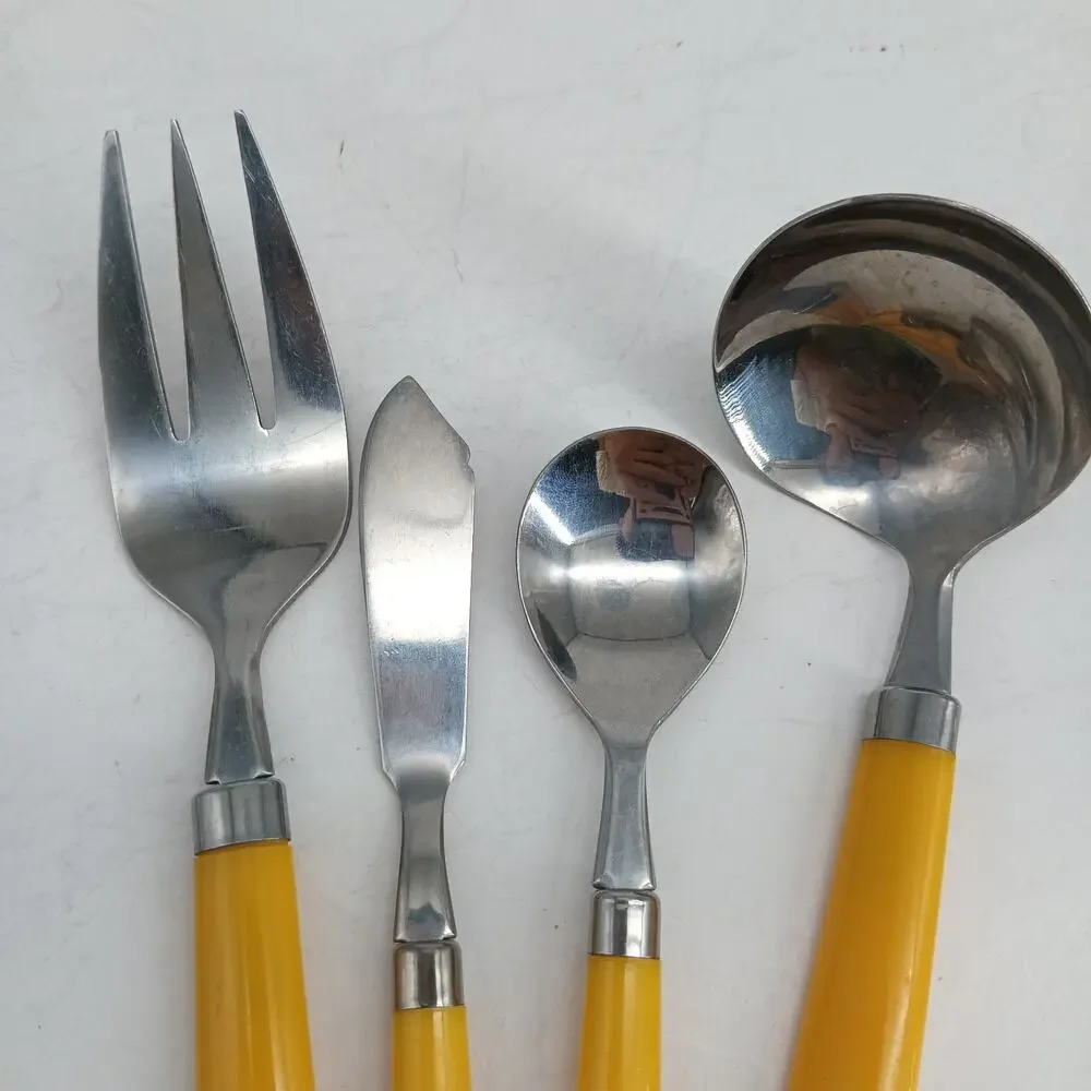 4X Serving Stainless Taiwan Retro MCM Melamine 1960s Yellow Handle Flatware